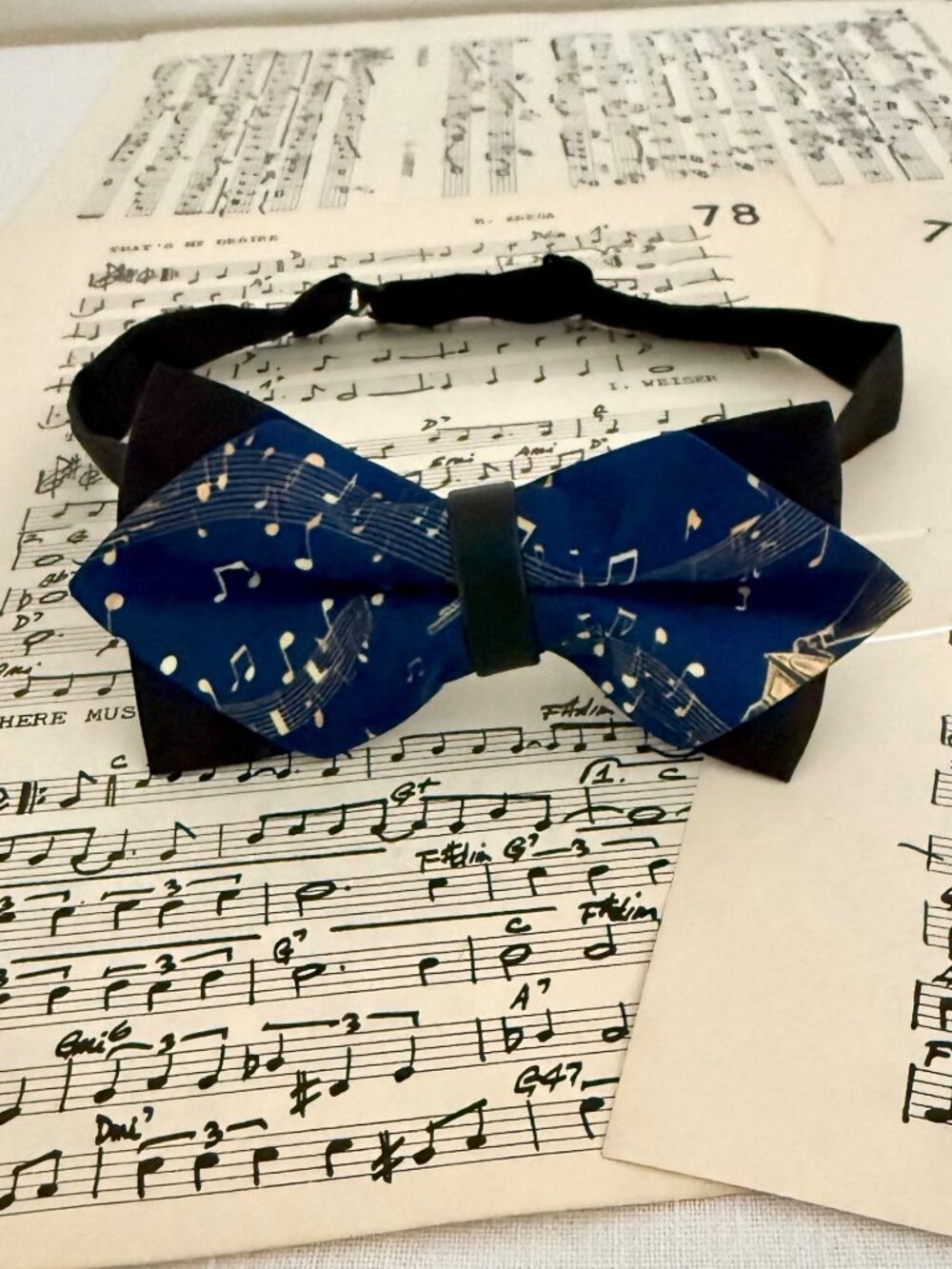 Blue Bow Tie With Musical Note Print Adjustable Black Band Mens Accessories